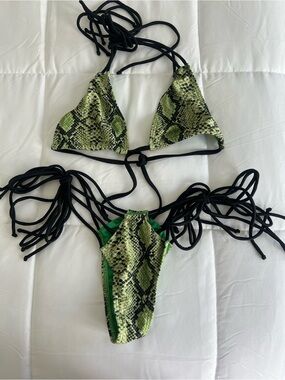 Green Snake Print String Bikini